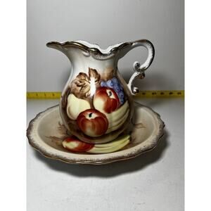 Vintage Porcelain Pitcher and Bowl Wash Basin Set Hand painted Fruit Kitchen